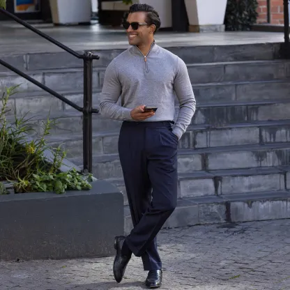 Cream with Brown Suede Trim Luxury Touch Cotton and Cashmere Quarter Zip Sweater