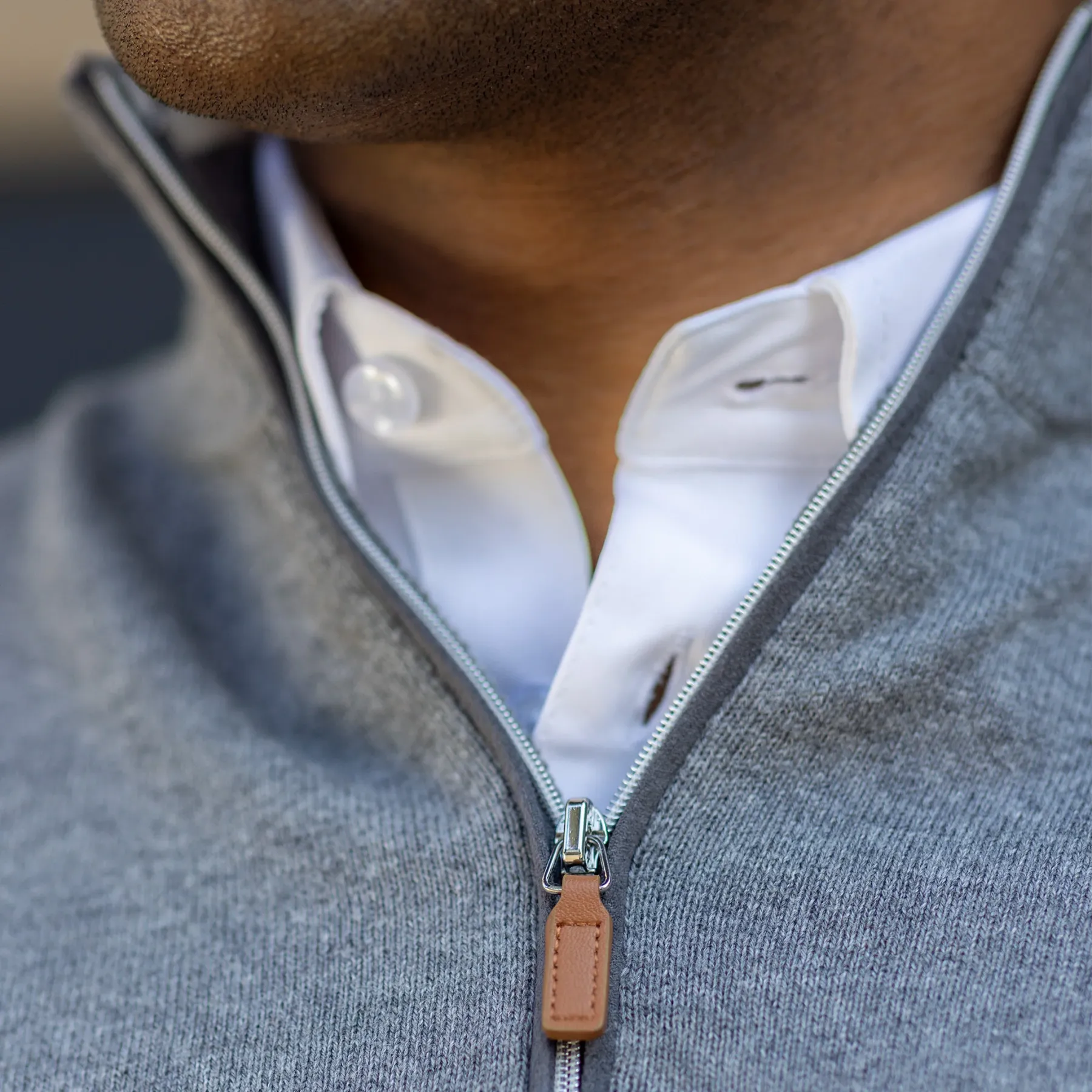 Cream with Brown Suede Trim Luxury Touch Cotton and Cashmere Quarter Zip Sweater