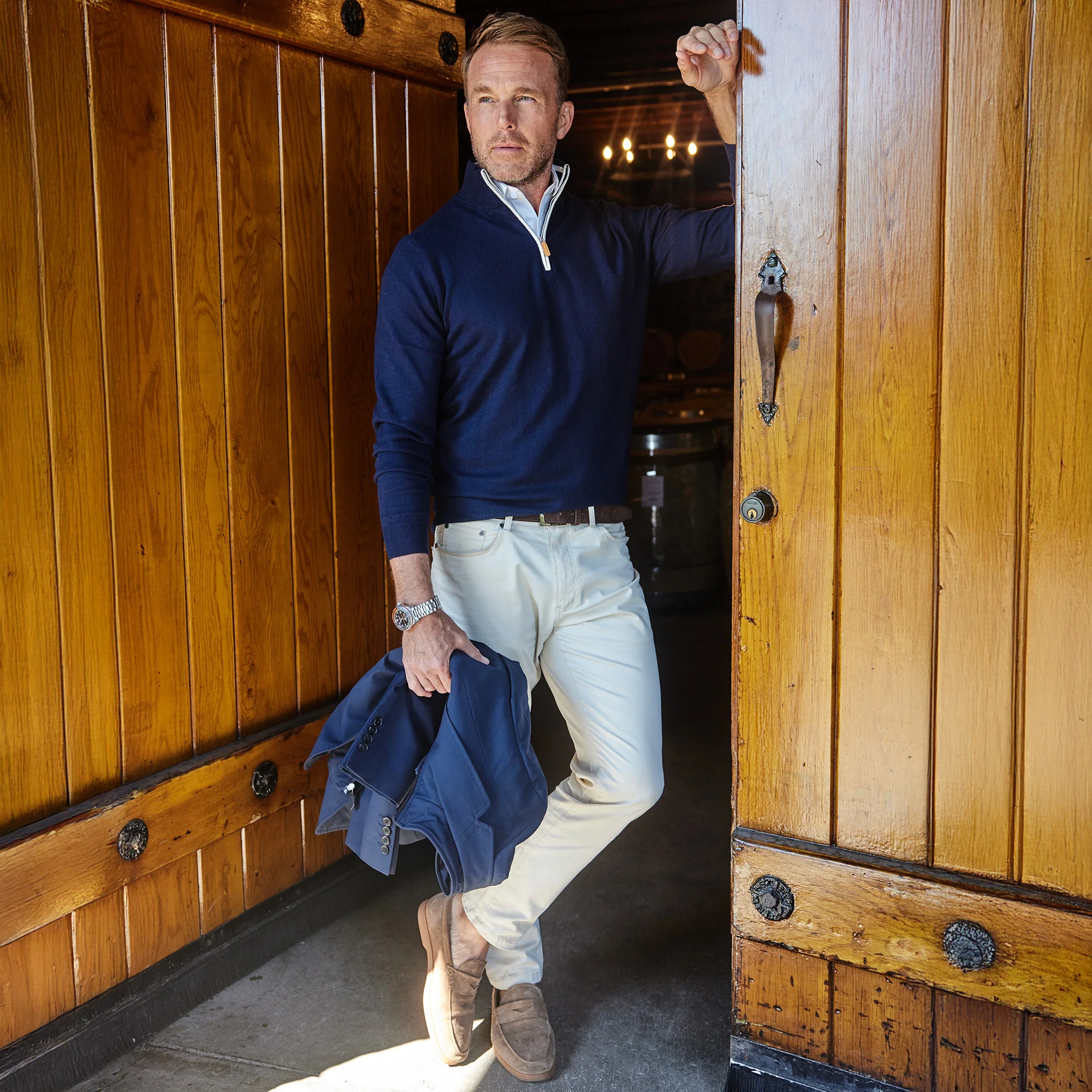 Cream with Brown Suede Trim Luxury Touch Cotton and Cashmere Quarter Zip Sweater