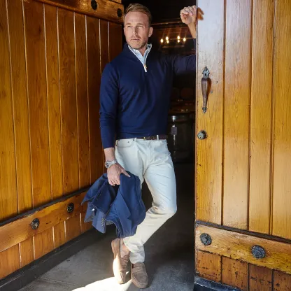 Cream with Brown Suede Trim Luxury Touch Cotton and Cashmere Quarter Zip Sweater