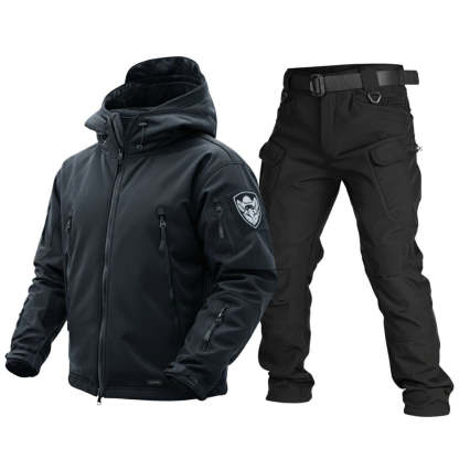 Black tactical jacket and pants set on a white background