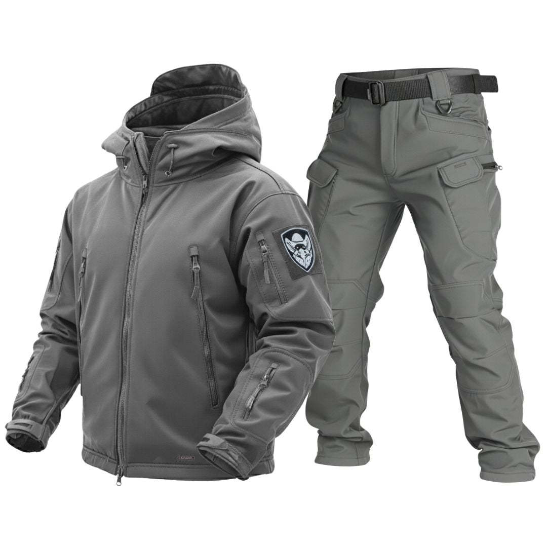 Gray tactical jacket and pants set on a white background