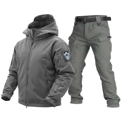 Gray tactical jacket and pants set on a white background