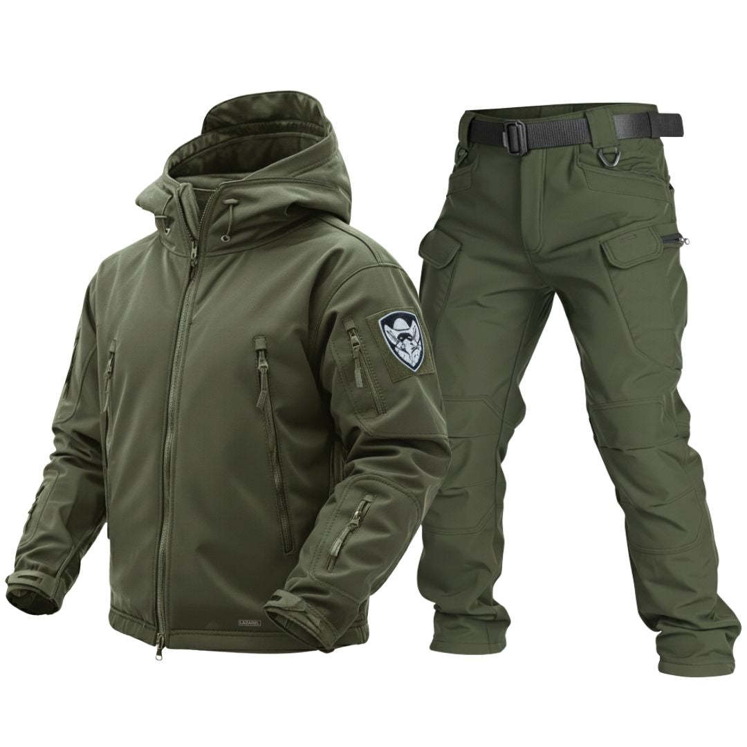Green tactical jacket and pants set on a white background