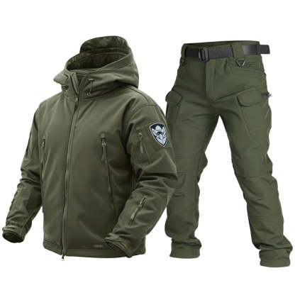 Green tactical jacket and pants set on a white background