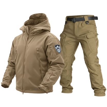 Tan tactical jacket and pants set on a white background