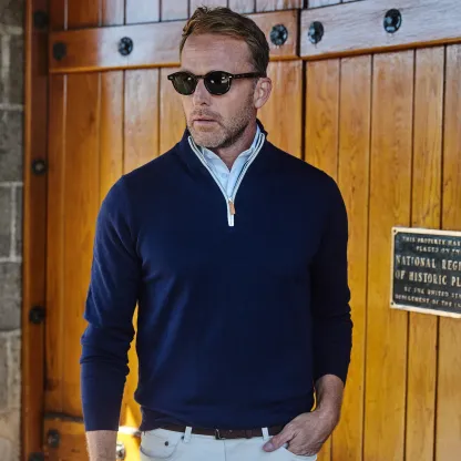 Cream with Brown Suede Trim Luxury Touch Cotton and Cashmere Quarter Zip Sweater