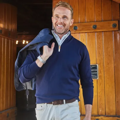 Cream with Brown Suede Trim Luxury Touch Cotton and Cashmere Quarter Zip Sweater