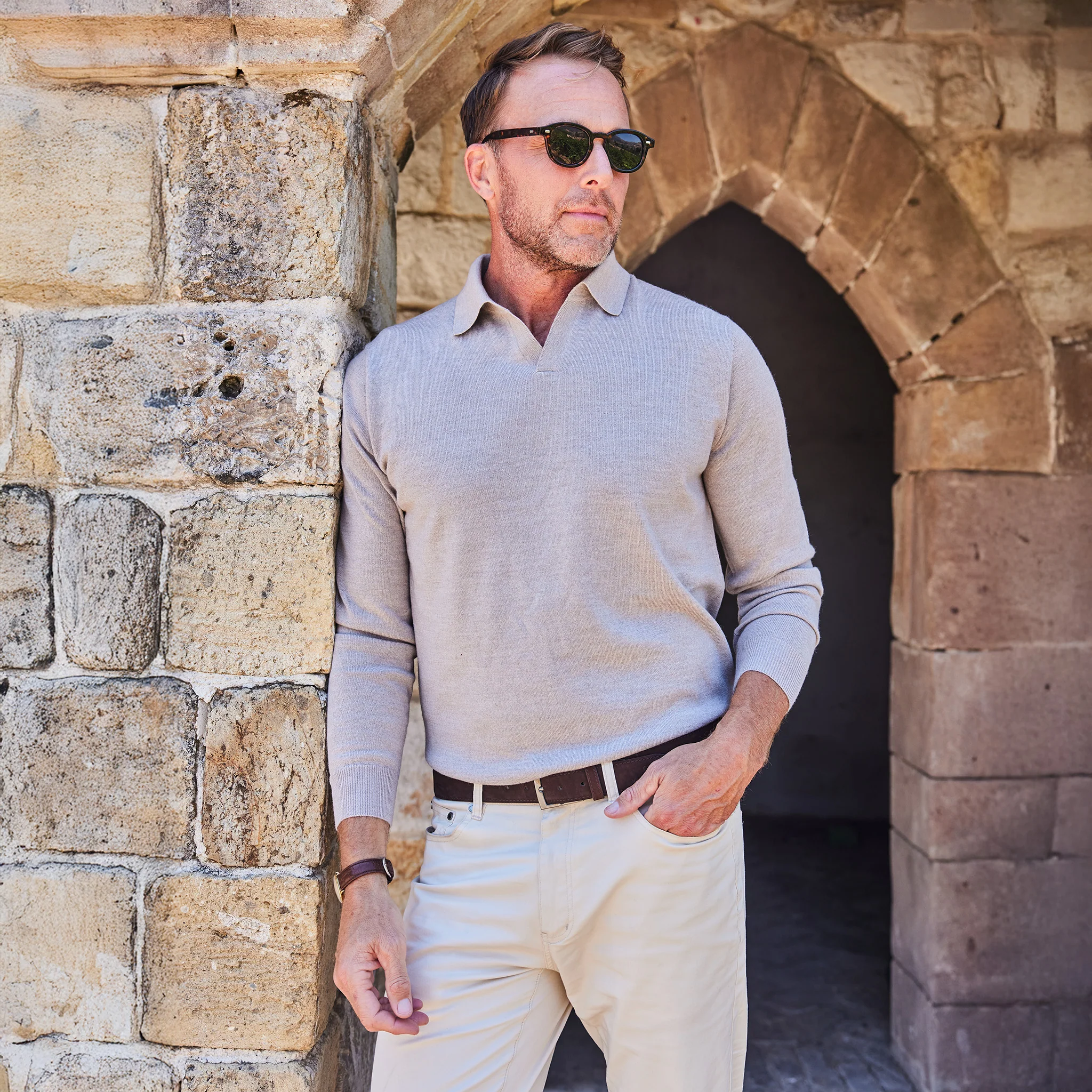Bellagio Buttonless Long Sleeve Merino Polo Grey