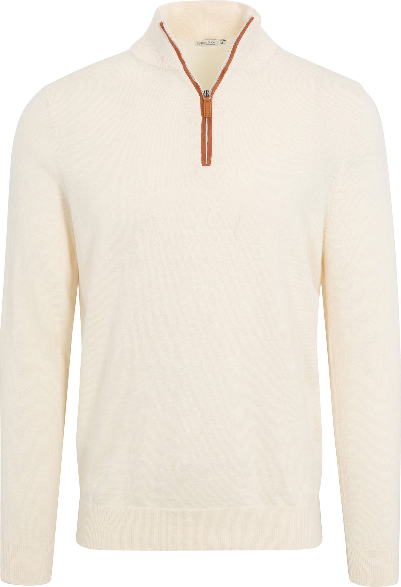 Cream with Brown Suede Trim Luxury Touch Cotton and Cashmere Quarter Zip Sweater