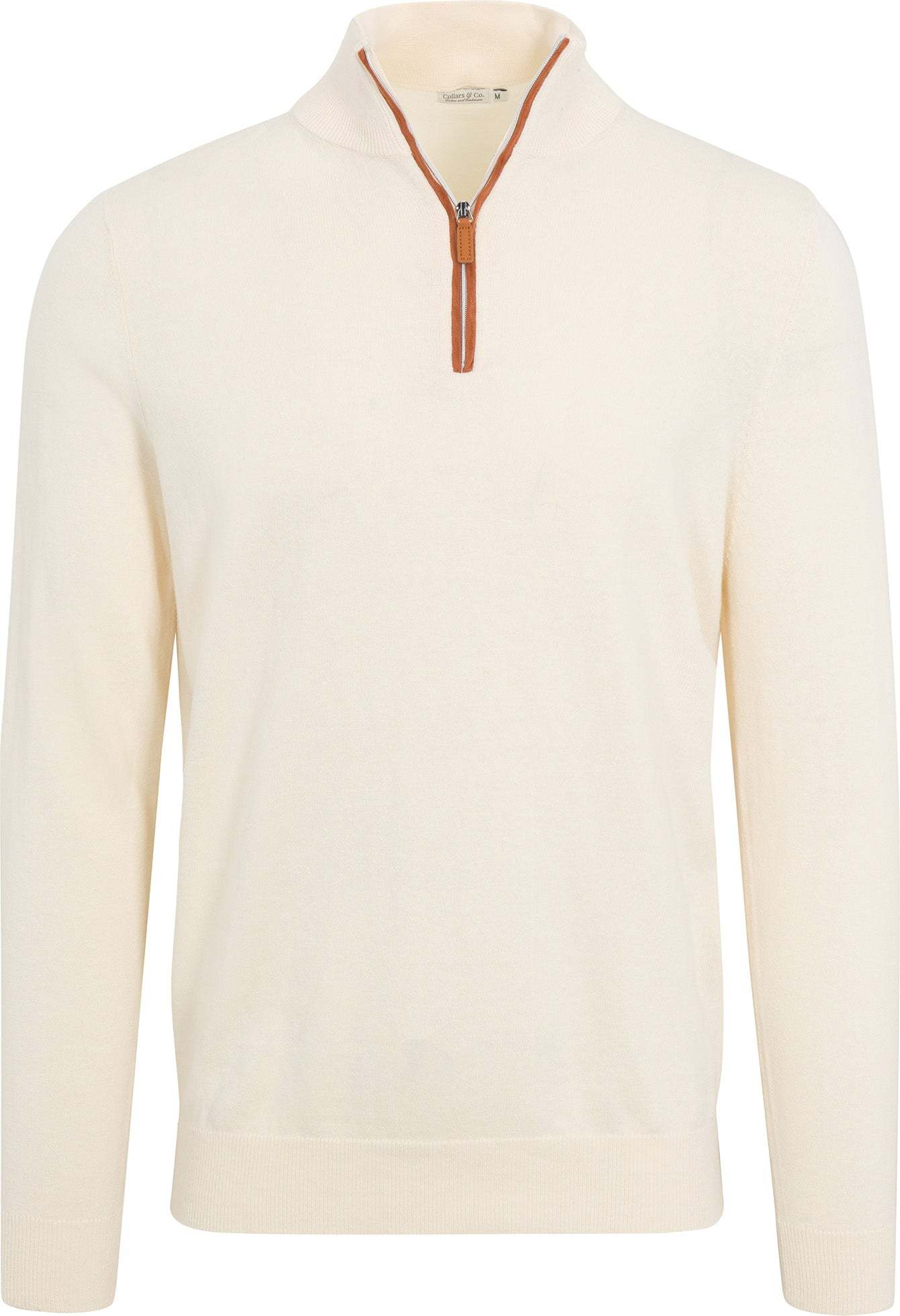 Cream with Brown Suede Trim Luxury Touch Cotton and Cashmere Quarter Zip Sweater