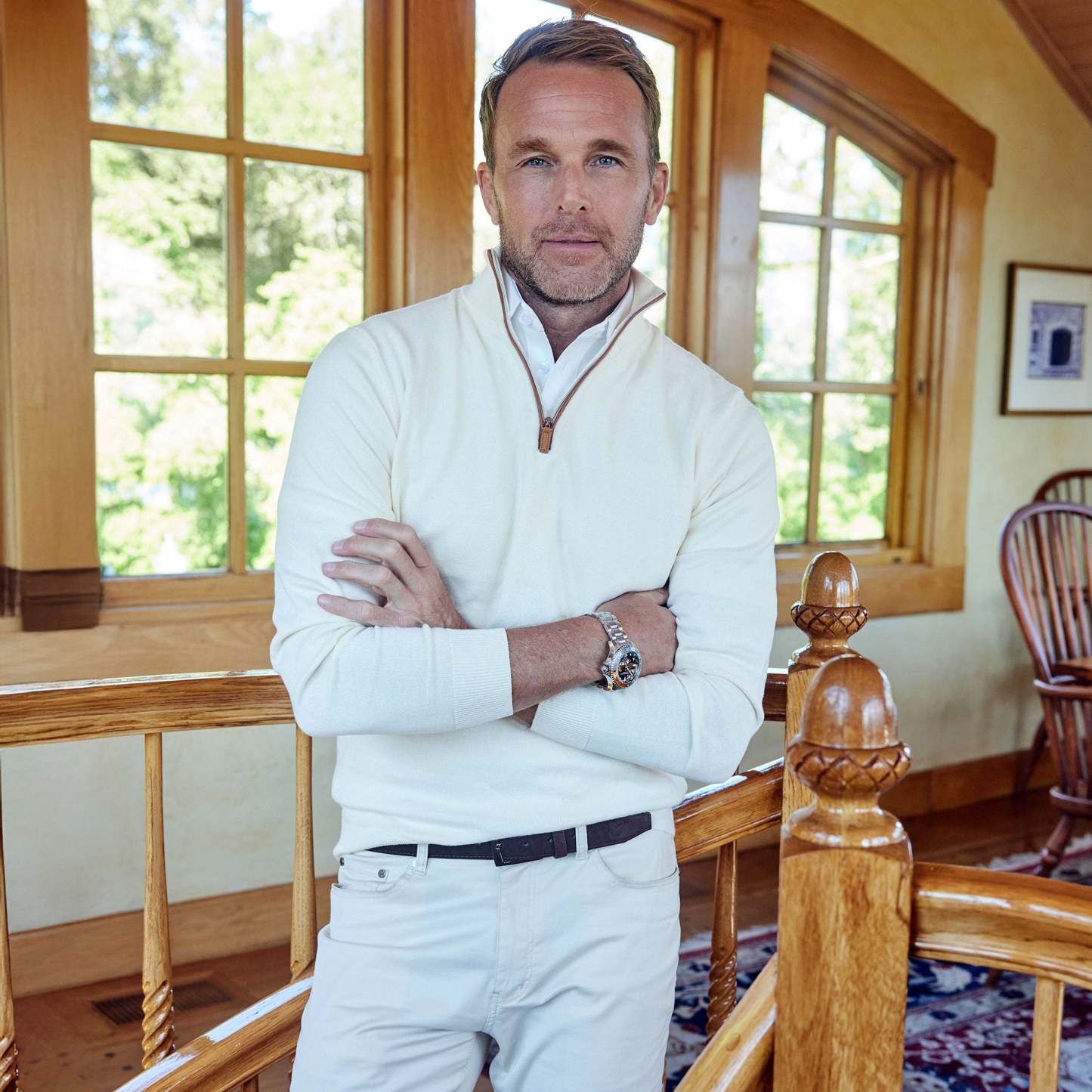 Cream with Brown Suede Trim Luxury Touch Cotton and Cashmere Quarter Zip Sweater