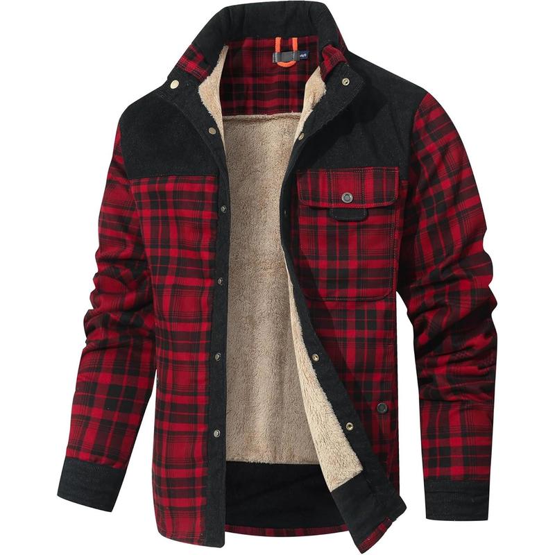Men's Corduroy Plaid Sherpa Lined Flannel Shirt Jacket Fleece Coat