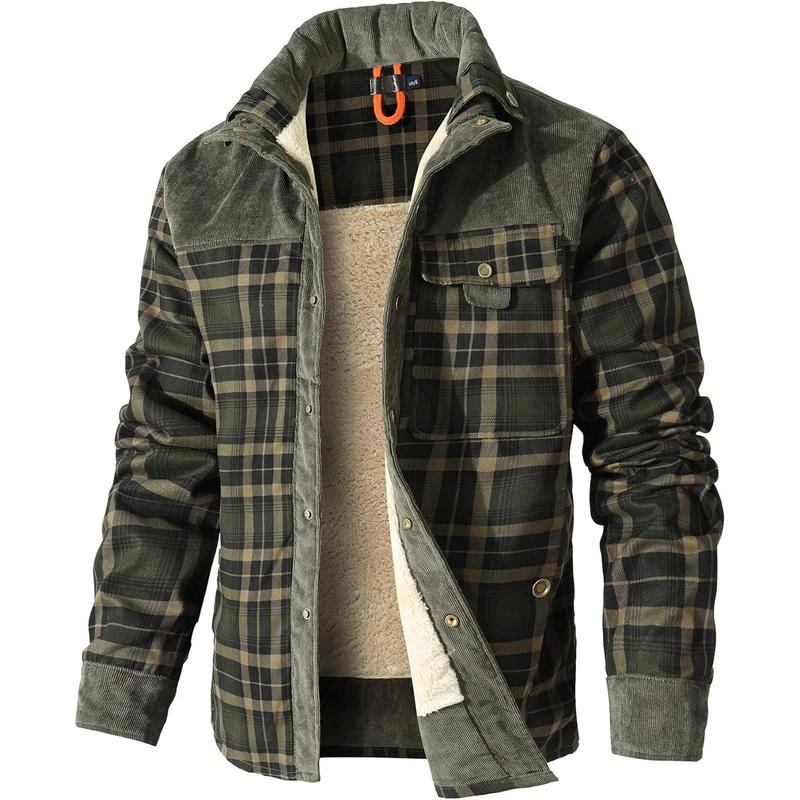 Men's Corduroy Plaid Sherpa Lined Flannel Shirt Jacket Fleece Coat
