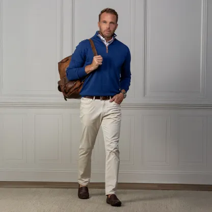 Cream with Brown Suede Trim Luxury Touch Cotton and Cashmere Quarter Zip Sweater