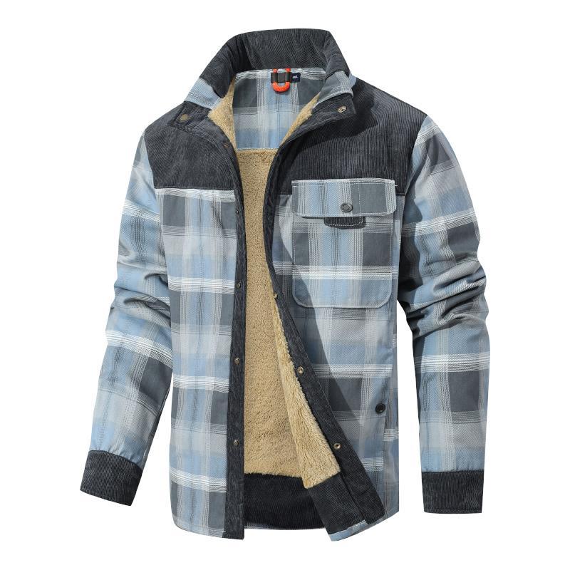 Men's Corduroy Plaid Sherpa Lined Flannel Shirt Jacket Fleece Coat
