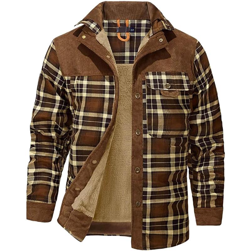Men's Corduroy Plaid Sherpa Lined Flannel Shirt Jacket Fleece Coat