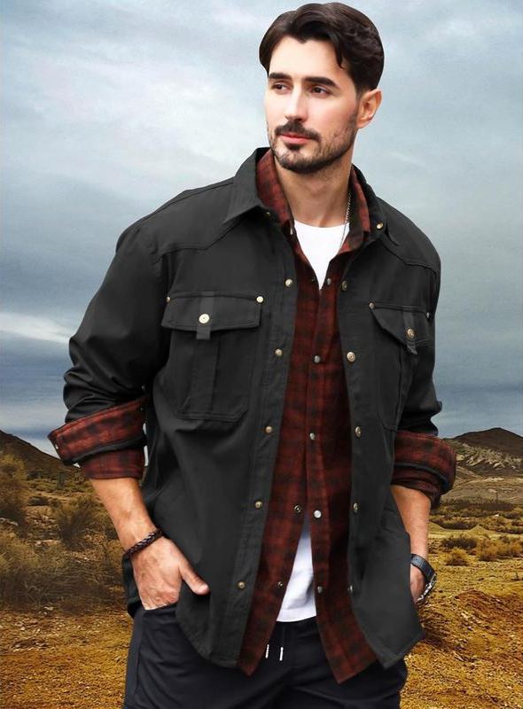 Men's Flannel Lined Shacket Jacket Plaid Brushed Lining Cowboy Western Twill Outdoor Shirt Jacket