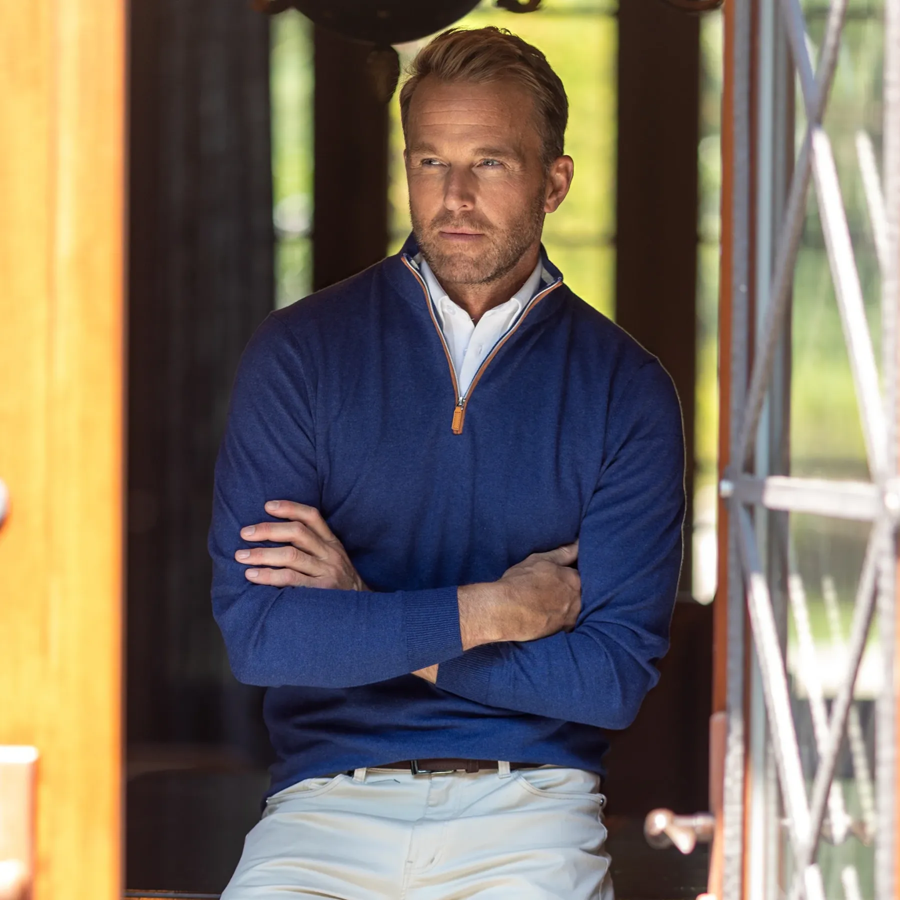 Cream with Brown Suede Trim Luxury Touch Cotton and Cashmere Quarter Zip Sweater