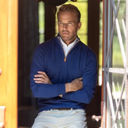 Cream with Brown Suede Trim Luxury Touch Cotton and Cashmere Quarter Zip Sweater