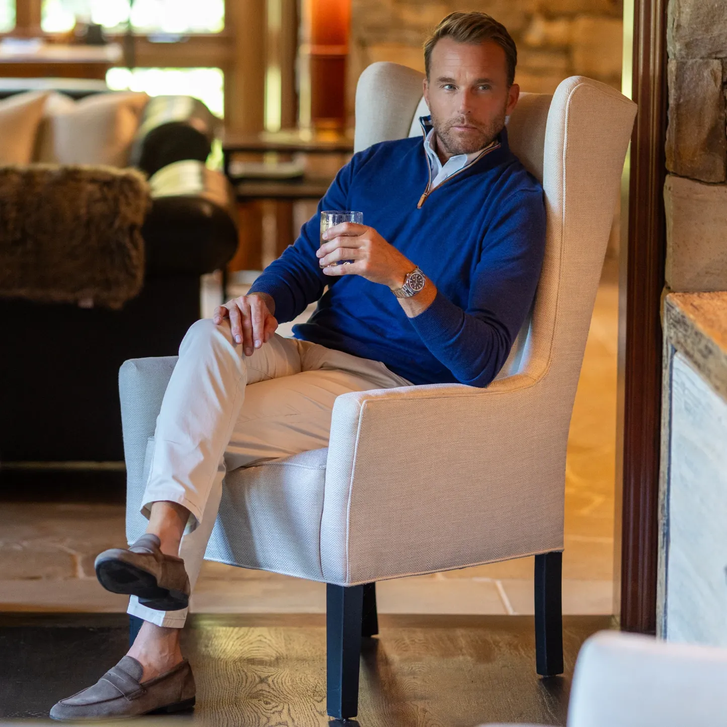 Cream with Brown Suede Trim Luxury Touch Cotton and Cashmere Quarter Zip Sweater