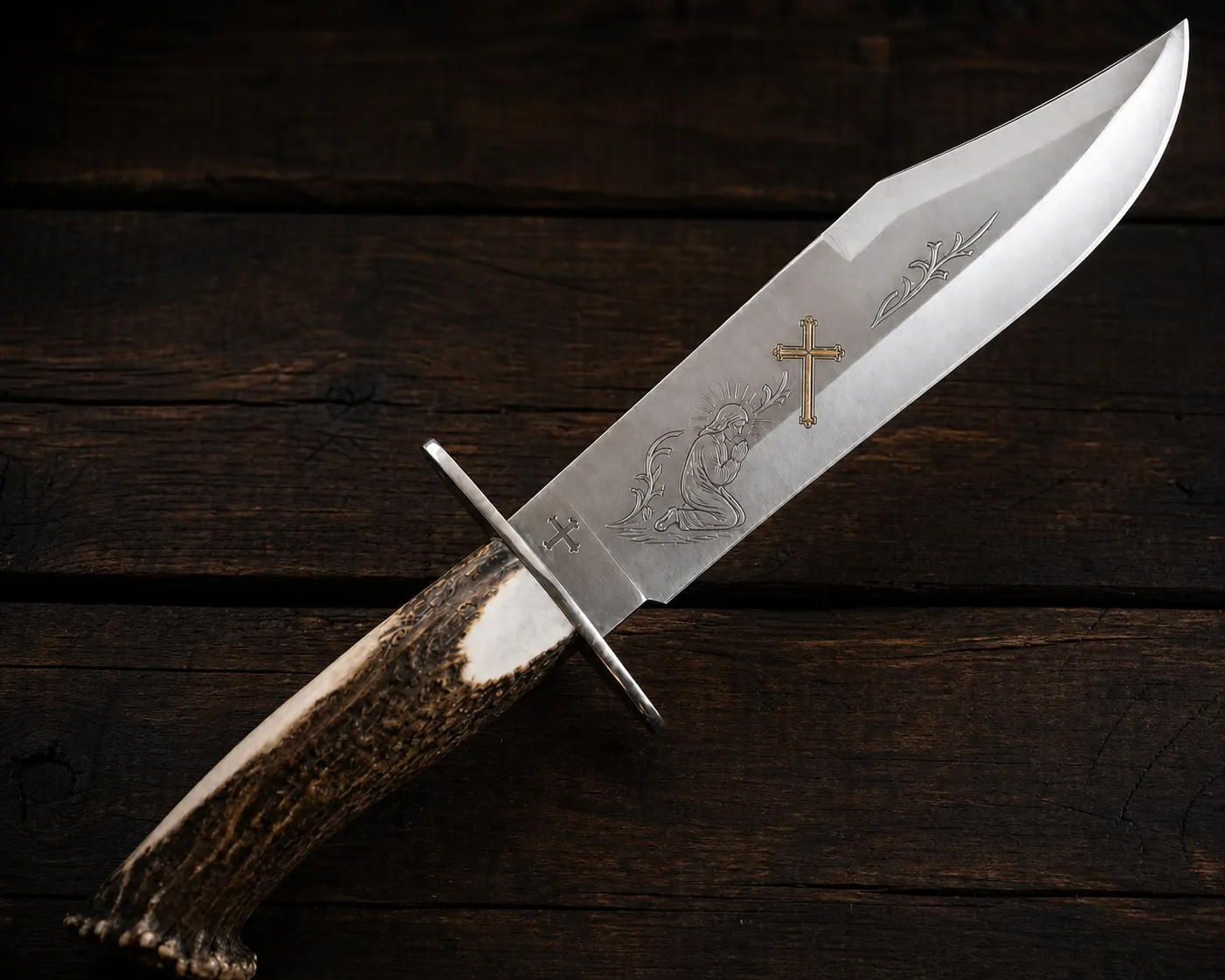 Ručne vyrobený poľovnícky nôž Bowie z ocele D2 s rukoväťou z jeleňieho parohu.