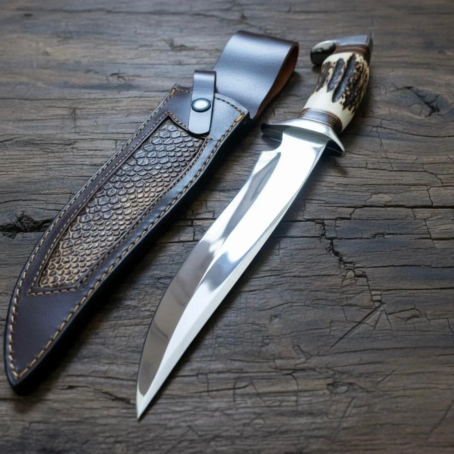 Ručne vyrobený nôž Bowie z vysoko uhlíkovej ocele s jeleňou rukoväťou a koženým puzdrom.