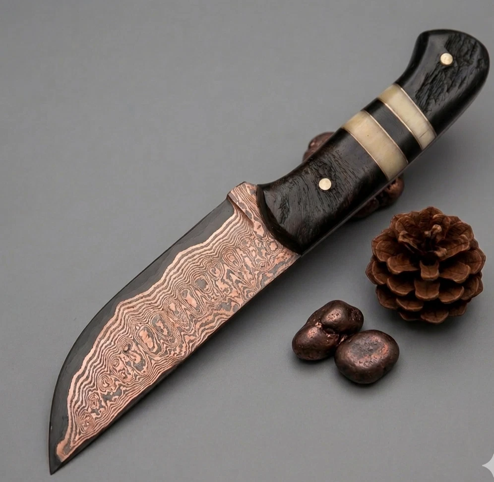Ručne vyrobený medený damaškový lovecký nôž Bowie s puzdrom