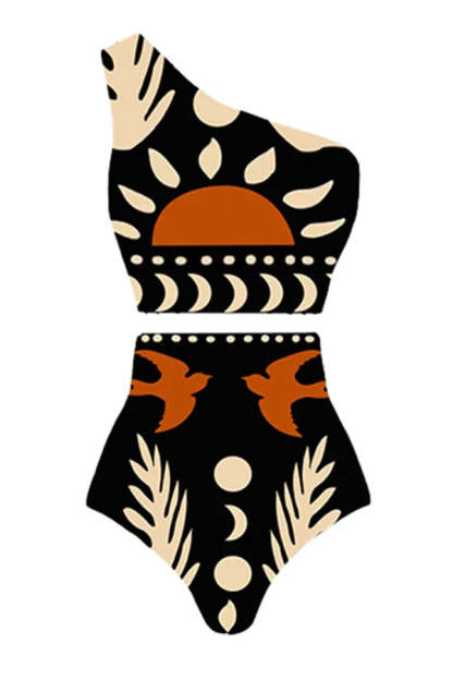 Abstract Art Birds and Sun Print Color Block High Waist Bikini And Skirt