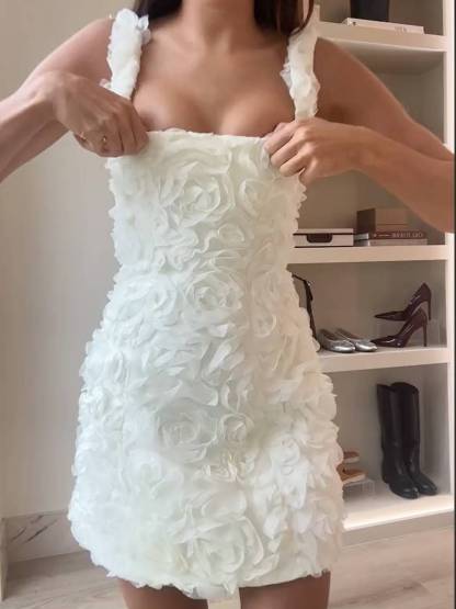 Floral-Appliqué Corset Mini Dress in White