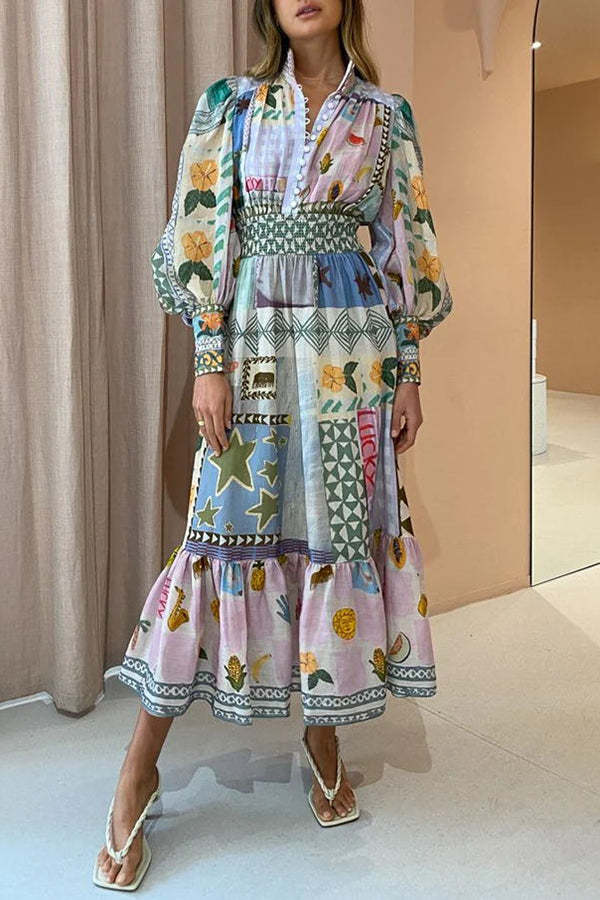 Playfully Chic Unique Print Balloon Sleeve Smocked Waist Shirt Midi Dr