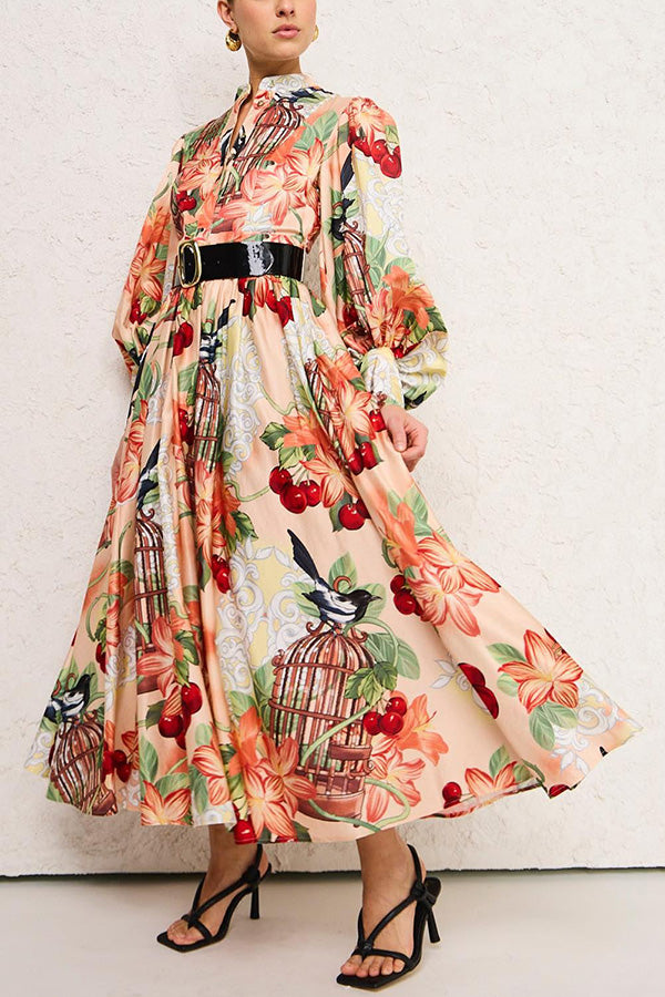 Life??s Romantic Moments Court Floral Print Balloon Sleeve Shirt Midi Dress