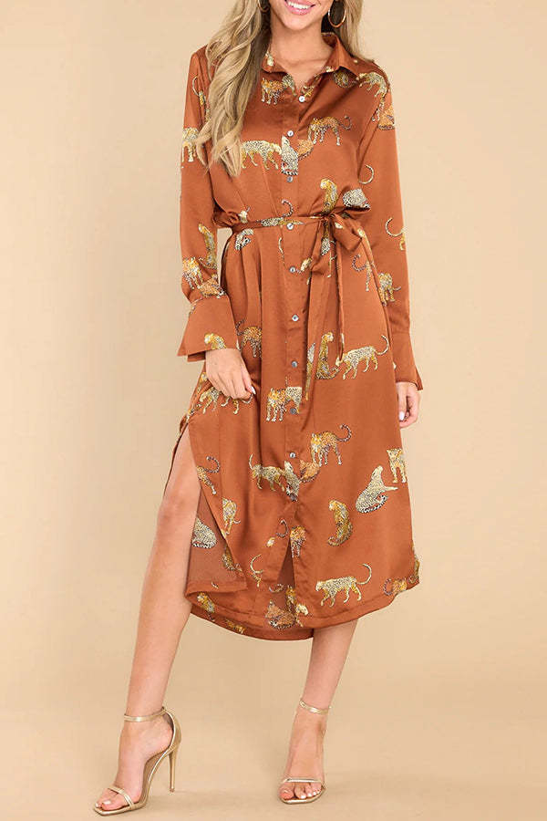 Going Wild Satin Leopard Print Button Down Long Sleeve Midi Dress