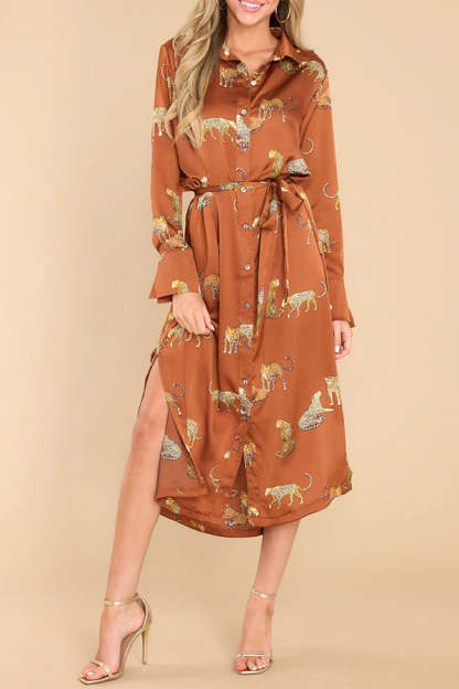 Going Wild Satin Leopard Print Button Down Long Sleeve Midi Dress