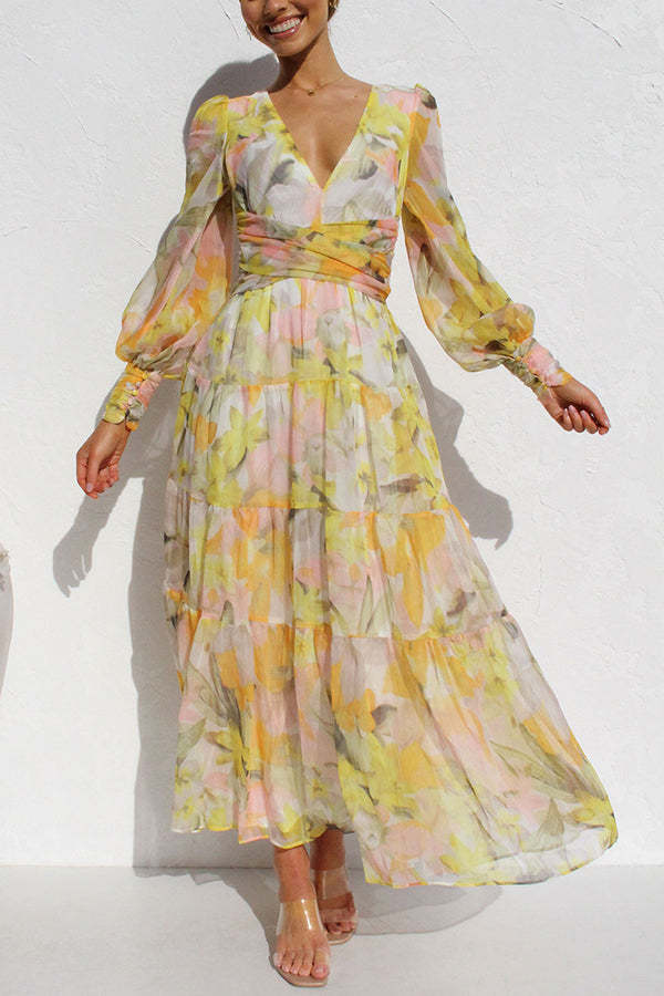 Olena Abstract Floral Balloon Sleeves Maxi Dress (The back is stretchy