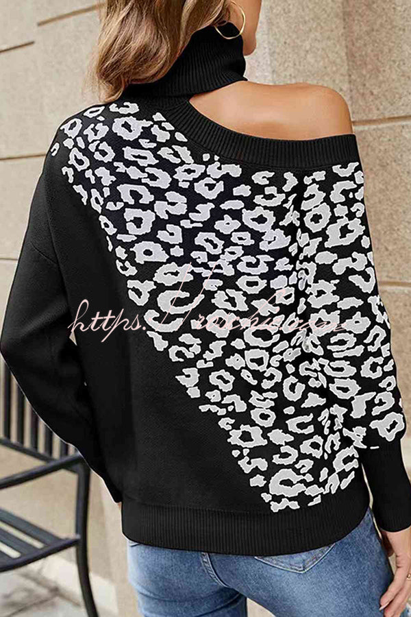 Best Mentor Leopard Print Long Sleeve One Shoulder Sweater