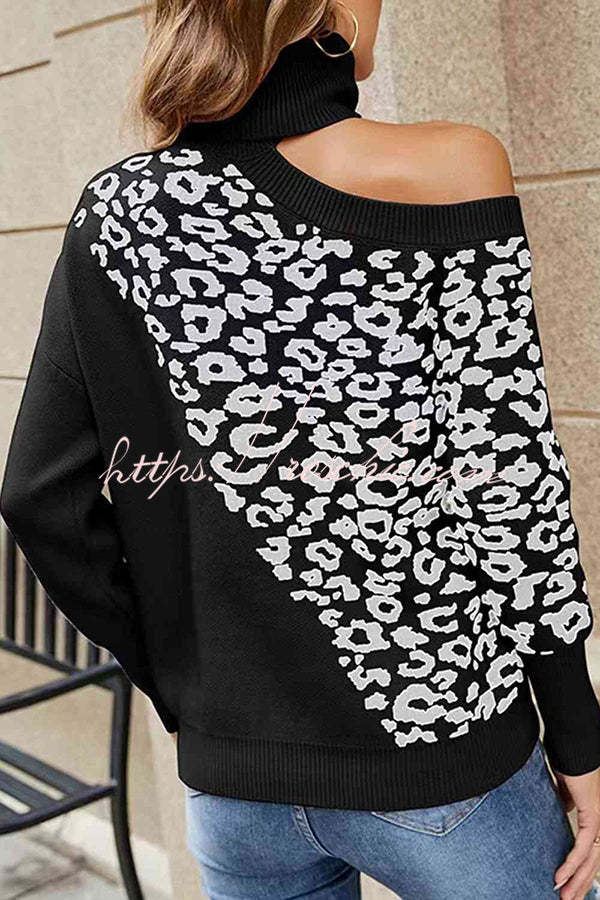 Best Mentor Leopard Print Long Sleeve One Shoulder Sweater