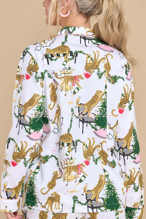 Chillin' with My Soulmate Leopard Print Elastic Waist Pocketed Pajama Set