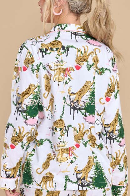 Chillin' with My Soulmate Leopard Print Elastic Waist Pocketed Pajama Set