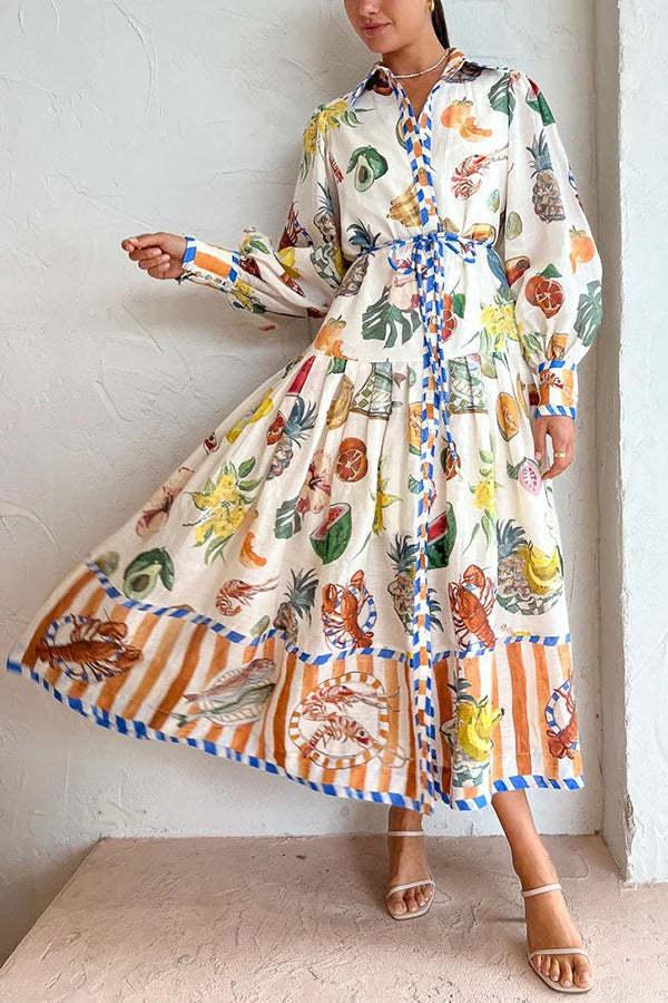 Hopeful Moments Tropical Fruit Print Balloon Sleeve Patchwork Shirt Mi