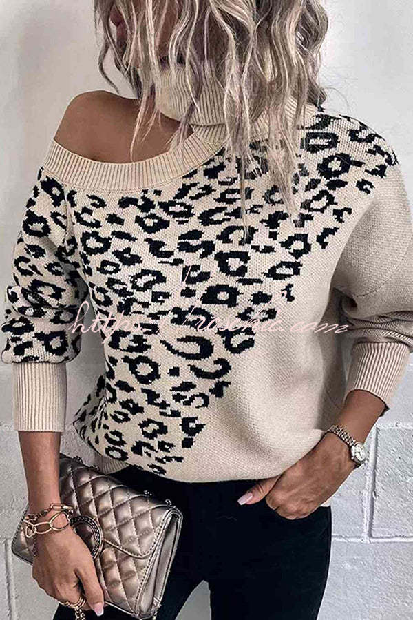 Best Mentor Leopard Print Long Sleeve One Shoulder Sweater