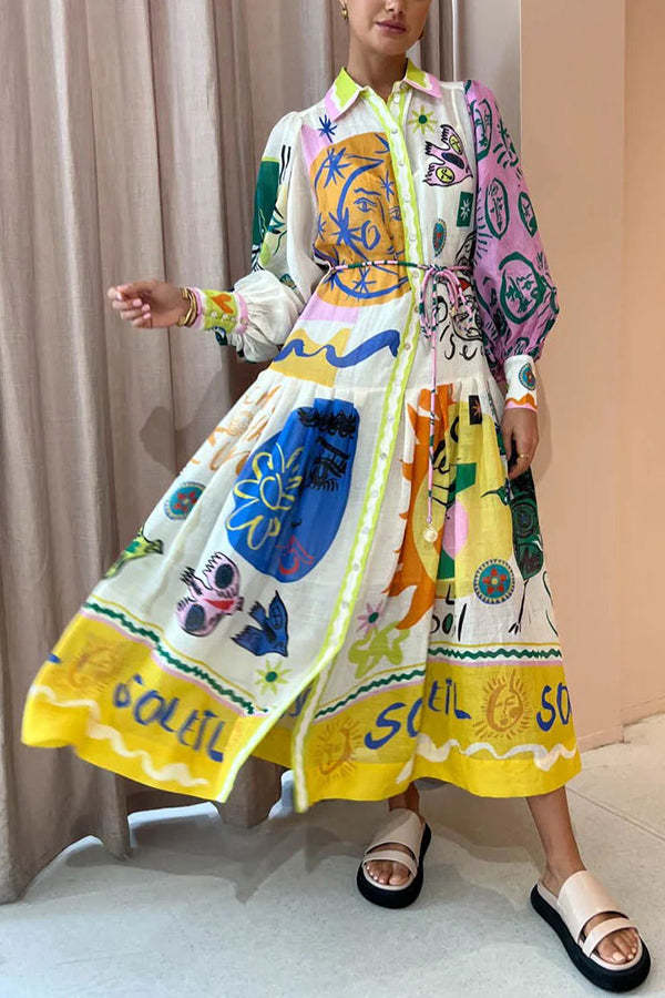 Boldness and Art Unique Print Balloon Sleeve Patchwork Shirt Midi Dres