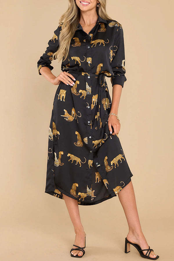 Going Wild Satin Leopard Print Button Down Long Sleeve Midi Dress