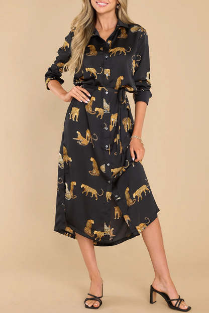 Going Wild Satin Leopard Print Button Down Long Sleeve Midi Dress
