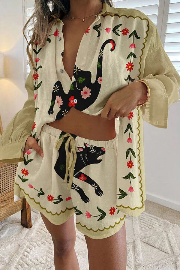 Clearlove Black Leopard Unique Print Button Elastic Waist Tie Pocket Shorts Set