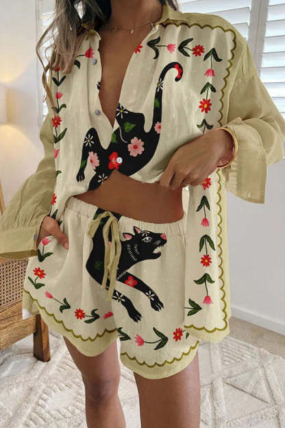 Clearlove Black Leopard Unique Print Button Elastic Waist Tie Pocket Shorts Set