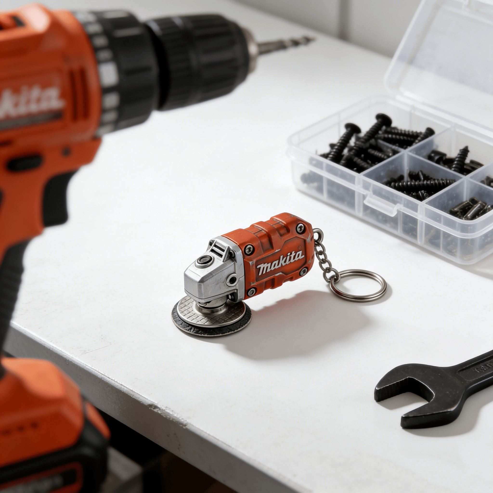 🛠️Privjesak za ključeve 2 u 1 s mini brusilicom inspiriranom Makitom: alat za zaglađivanje u pokretu + kolekcionarski predmet za entuzijaste alata