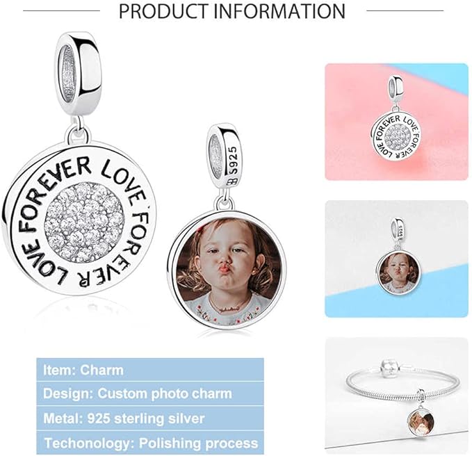 Forever Love Round Personalised S925 Sterling Silver Photo Charm