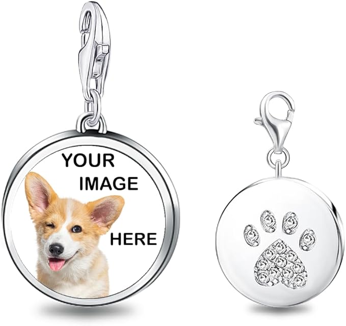 Personalised Photo Clip on Charm Pendant Sterling Silver 925 Lobster Clasp Paw Round