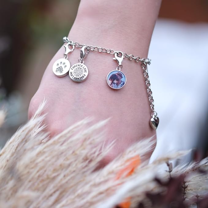 Personalised Photo Clip on Charm Pendant Sterling Silver 925 Lobster Clasp Forever Love Round